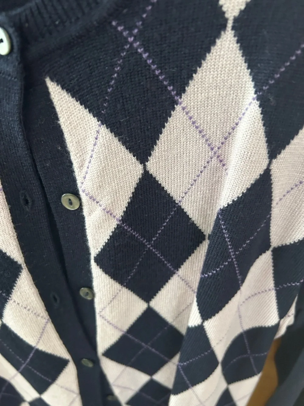 Brooks Brothers Navy and Light Lavender Argyle Button Cardigan.  Large - Picture 3 of 4